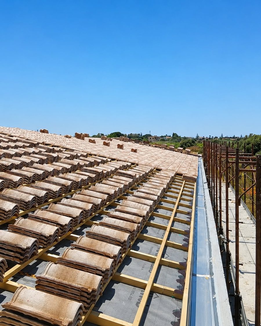 Posa delle tegole su una copertura in fase di completamento